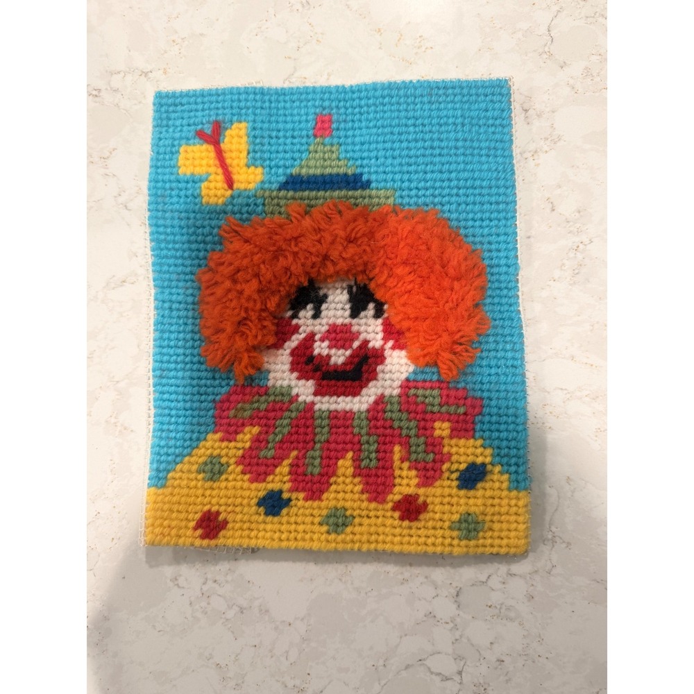 Vintage Handmade Clown Needlepoint Art 8x10 Shaggy Orange Hair Kitsch Retro